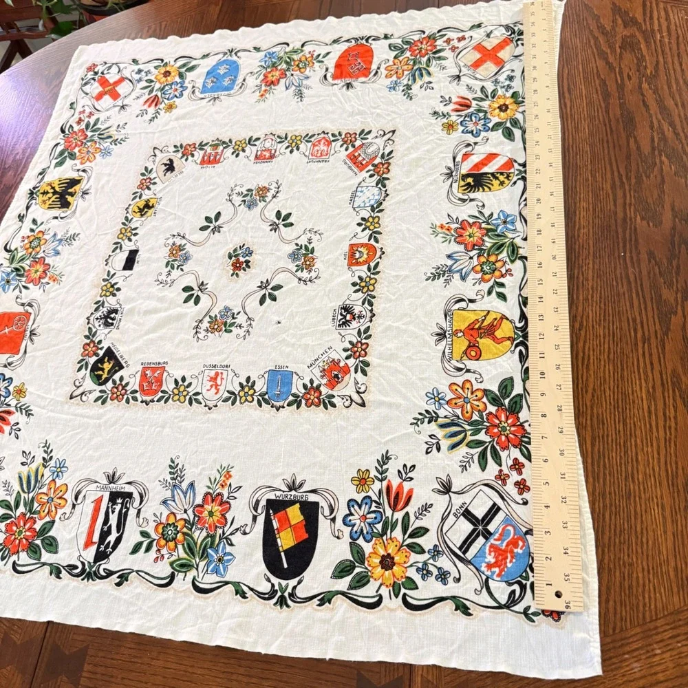 Vintage German Cities Souvenir Tablecloth Floral Crests Coats of Arms White